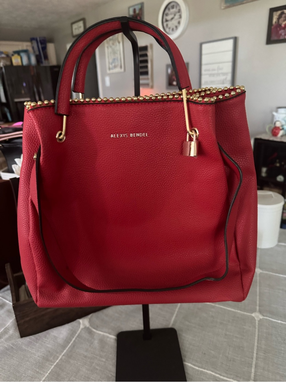 Red Leather Tote with Gold Accents